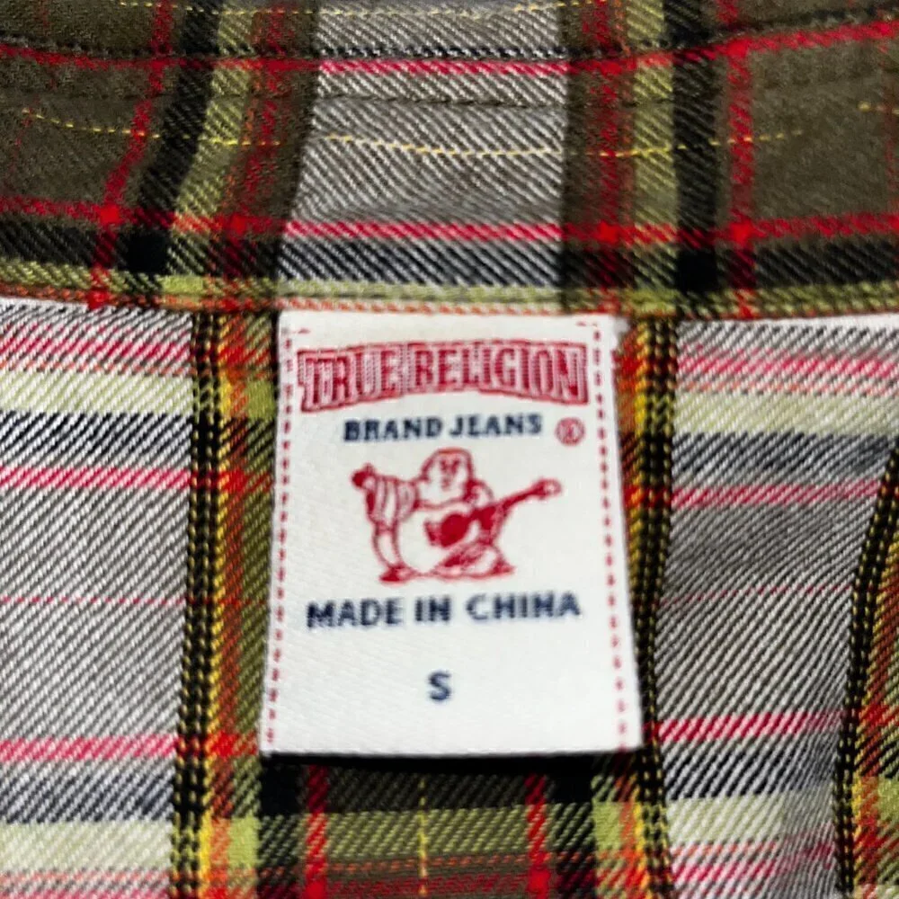 TRUE RELIGION Western Snap Front Horseshoe Pocket Plaid Flannel Shirt Men's S